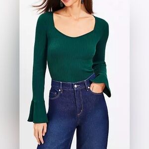 Loft Ribbed Sweetheart Neck Flare Cuff Sweater Sz XL Tropic Green
